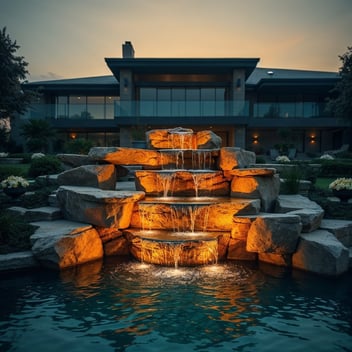 A professional photograph depicting a multi-level water feature cascading down natural stone at a modern residential estate. Golden hour lighting creates a warm glow reflecting off the crystal-clear water. Lush landscaping surrounds the fea