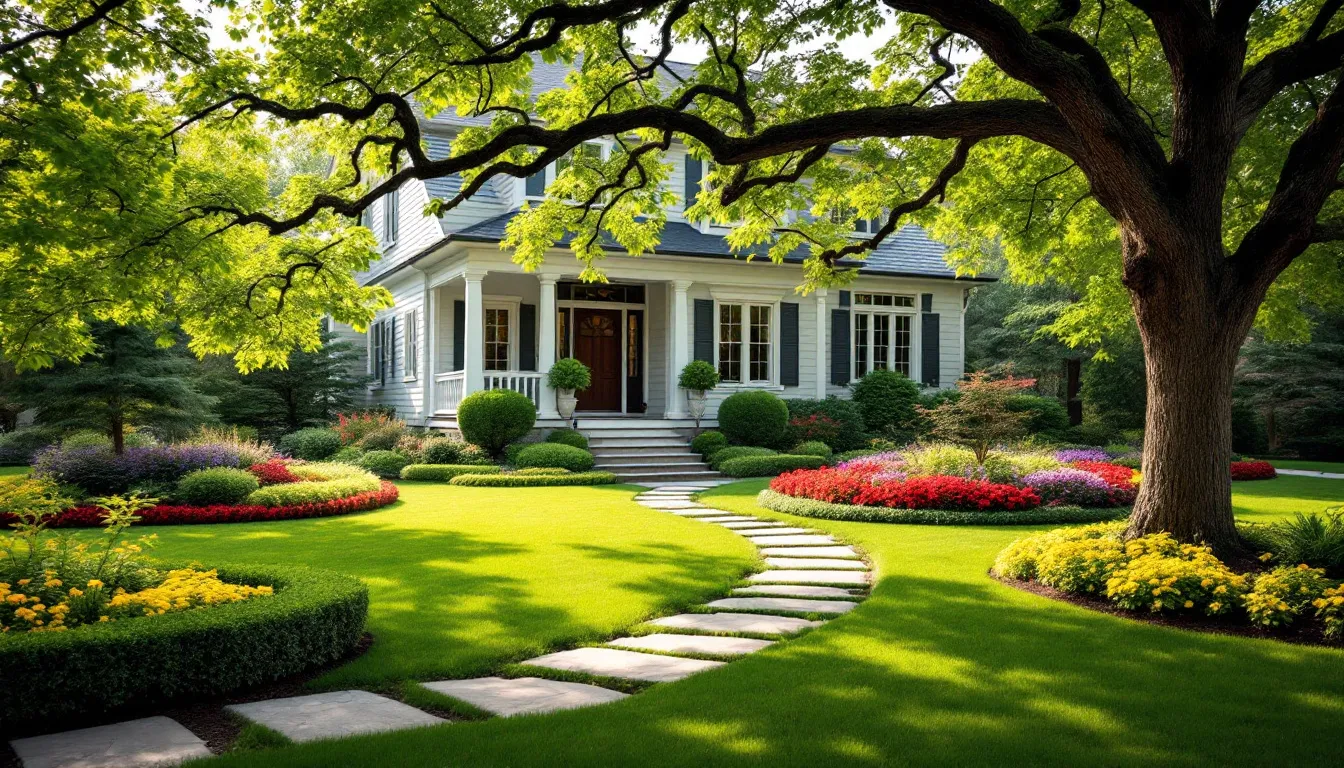 The image depicts a beautifully landscaped front yard featuring mature deciduous trees, vibrant flower beds in various colors, and winding stone pathways that enhance the outdoor space's visual interest and curb appeal.
