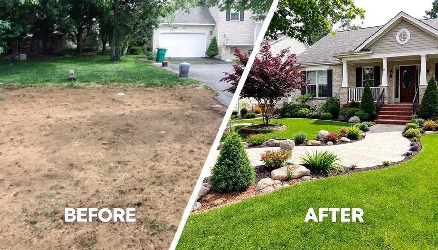The image showcases a front yard transformation, displaying a before and after view that highlights a new landscape design featuring a stone walkway, mature plantings, and enhanced curb appeal.