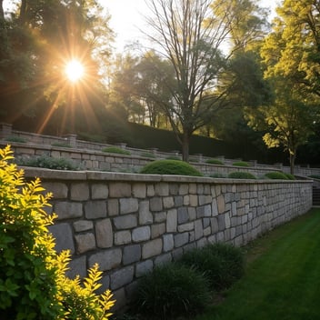 A photograph bathed in warm golden hour light, depicting a grand stone retaining wall in a lush garden with expert masonry repair work. Sunlight filters through trees, illuminating the restored wall against a vibrant landscape. The image is