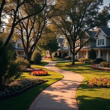 Dreamlike photograph of a residential community common area. Winding pathway through a landscaped green space with mature trees and colorful flowerbeds.  Attractive houses in the background.  Warm, slightly dark tones. Mystic enchanting env