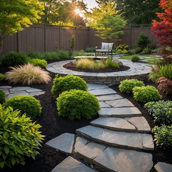 A professional landscape photograph capturing a perfectly balanced hardscape and softscape design at golden hour. A curved bluestone patio transitions via stepping stones into lush garden beds with ornamental grasses, hydrangeas, and a specimen Japanese maple. Natural stone retaining walls create elevation changes while architectural pergola casts gentle shadows across the scene.