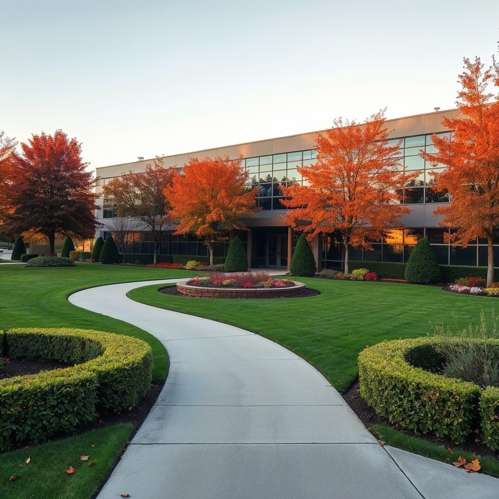 A pristine commercial property, bathed in gentle soft light and warm autumn colors.  The scene is captured in an unusual, original, fine art style professional photograph, showcasing epic lens glow lighting.  The image features perfectly ma