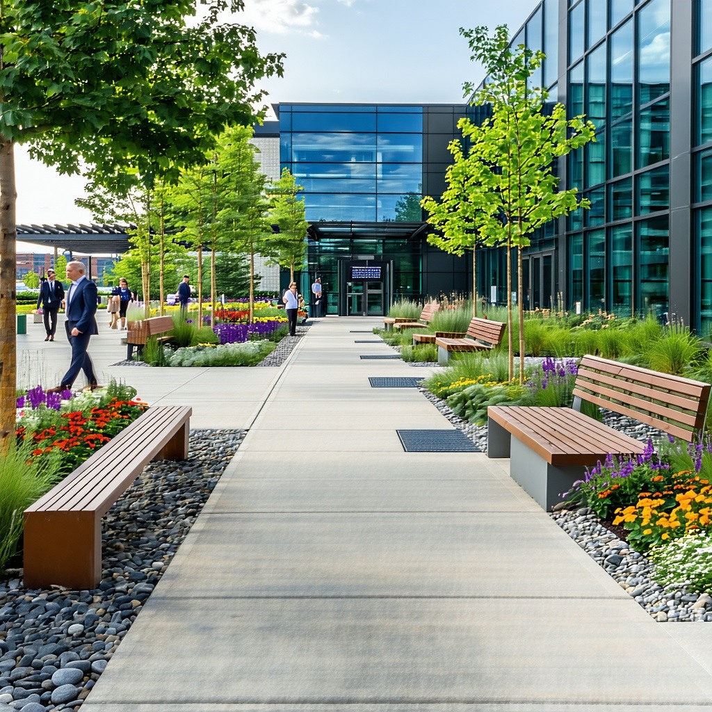 A vibrant commercial outdoor space featuring a beautifully landscaped entrance to a corporate building The scene includes a wide inviting walkway lined with lush native plants and colorful flower beds that reflect the brands identity There are seatin