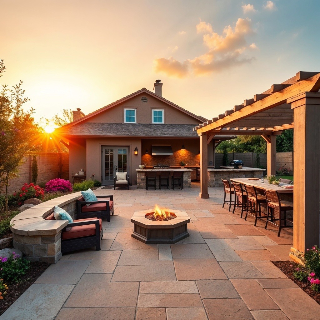 A professional photograph, styled as an epic, modern fine art piece, depicts a luxurious backyard oasis at golden hour. The scene features a stone patio with multiple zones a fire pit seating area, outdoor kitchen with bar, and pergola-cove