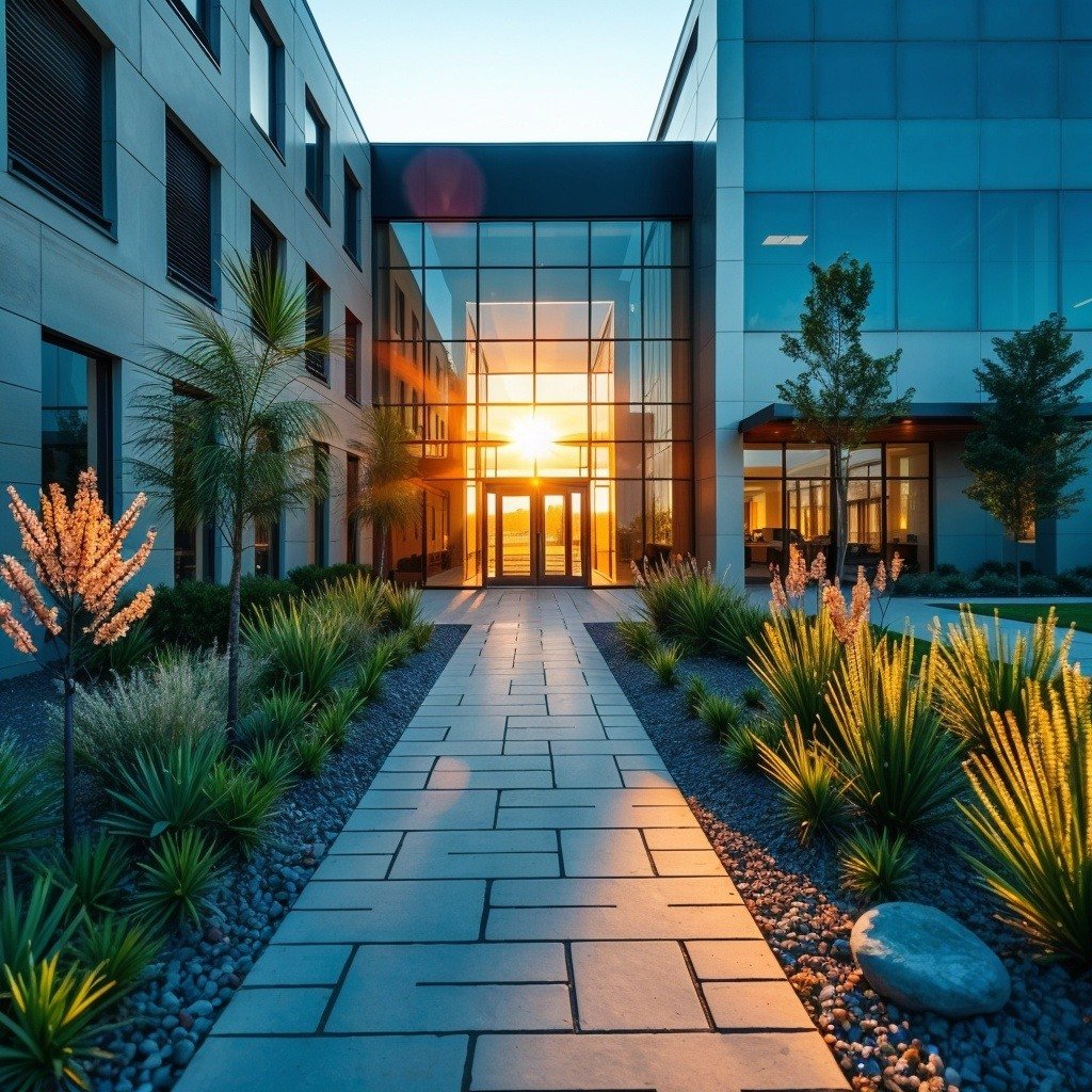 Vibrant complementary colors, creative lighting. Fine art photograph depicting a modern office building entrance with sustainable landscaping. Drought-resistant plantings, bioswale, permeable paver walkway. Early morning sunlight, golden gl